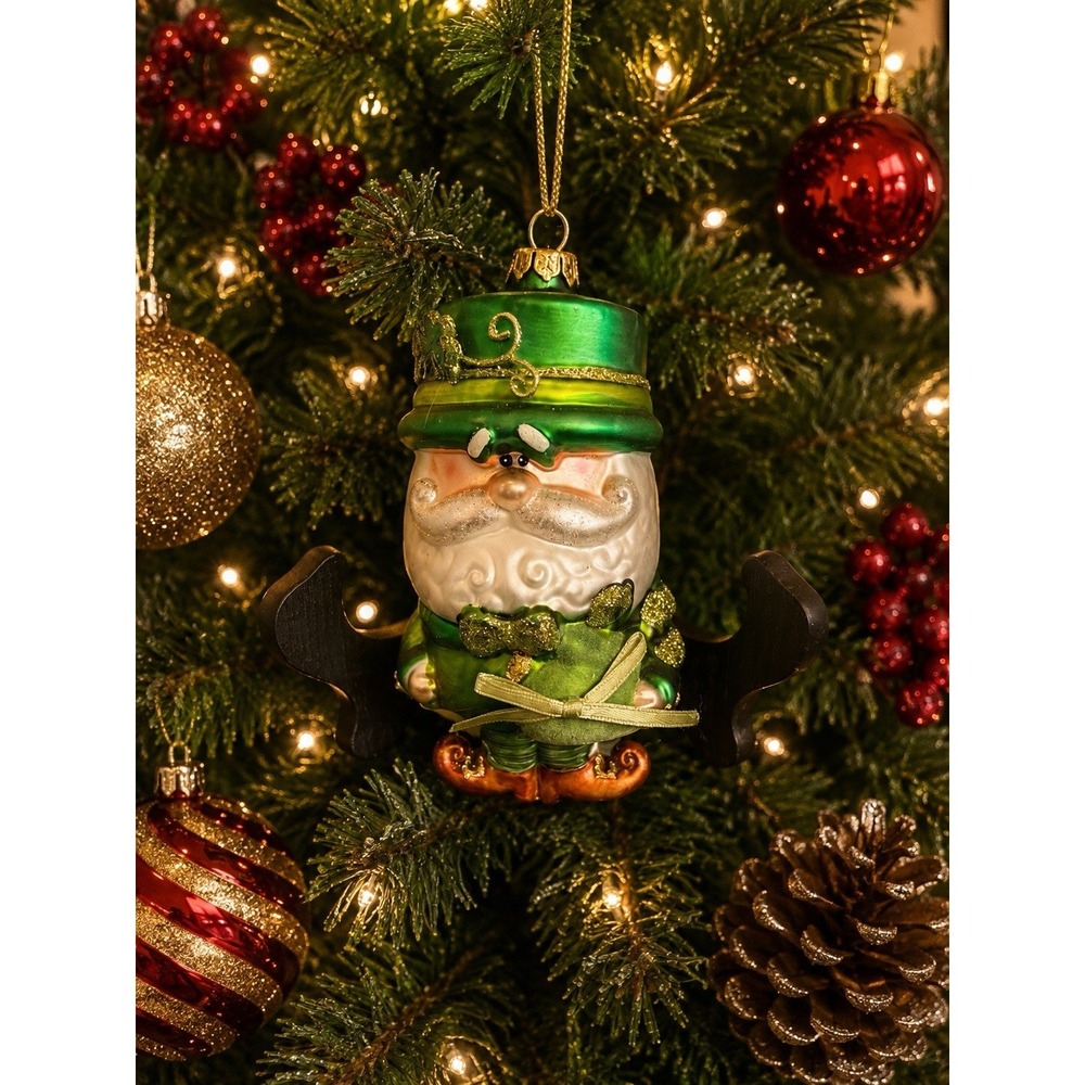 Hand‎ Blown Glass Irish Santa Leprechaun Christmas Ornament Green Shamrock 5"